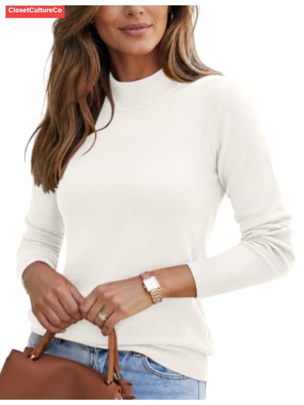 Mock Neck Long Sleeve Knit Pullover Sweater Soft Casual